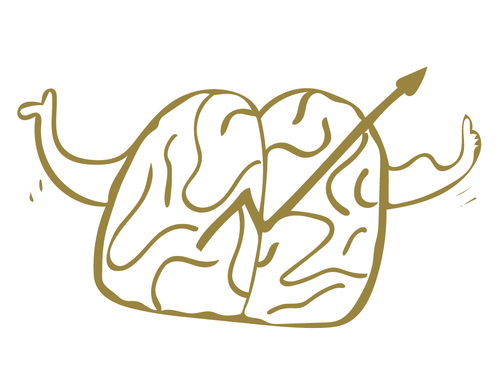 Handgezeichnete Skizze zum MINDCOP Deeskalationstraining: Gehirnhälften mit einem Blitz dazwischen und zwei Armen