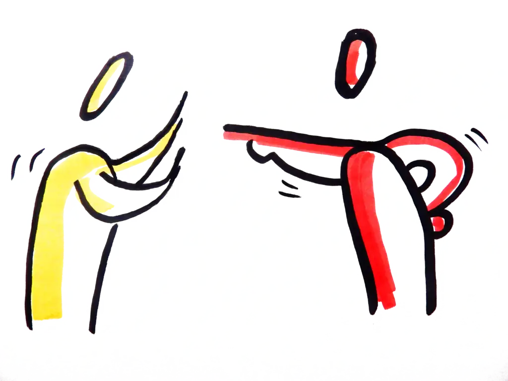 Handgezeichnete Skizze zum Thema Deeskalation: zwei Menschen, die heftig miteinander diskutieren