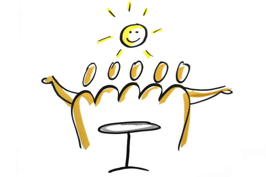 Handgezeichnete Skizze zum Thema Teamentwicklung, mehrere Menschen glücklich um einen Tisch stehend